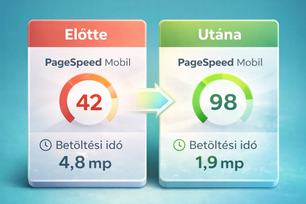 PageSpeed előtte–utána összehasonlítás – 42 pontról 98 pontra gyorsítva