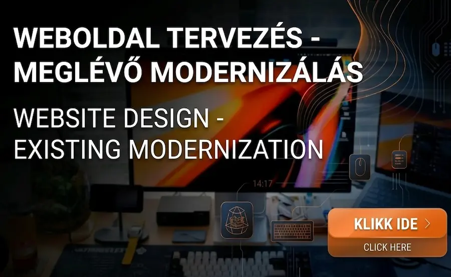 Modern webdesign banner a Sites Vibe Design felirattal magyarul és angolul, "Klikk ide!" gombbal egy narancssárga-fekete tónusú, számítógépes munkaállomást ábrázoló háttéren.