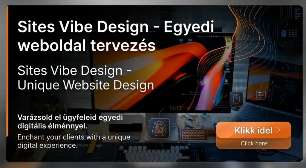 Modern webdesign banner a Sites Vibe Design felirattal magyarul és angolul, "Klikk ide!" gombbal egy narancssárga-fekete tónusú, számítógépes munkaállomást ábrázoló háttéren.
